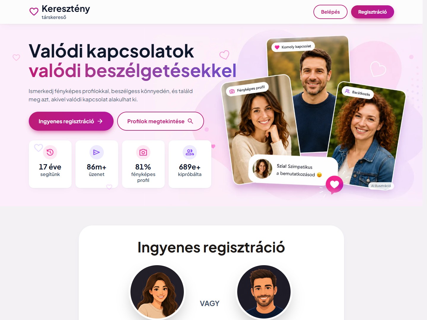 Keresztény társkeresők – főoldali képernyőkép világos módban.